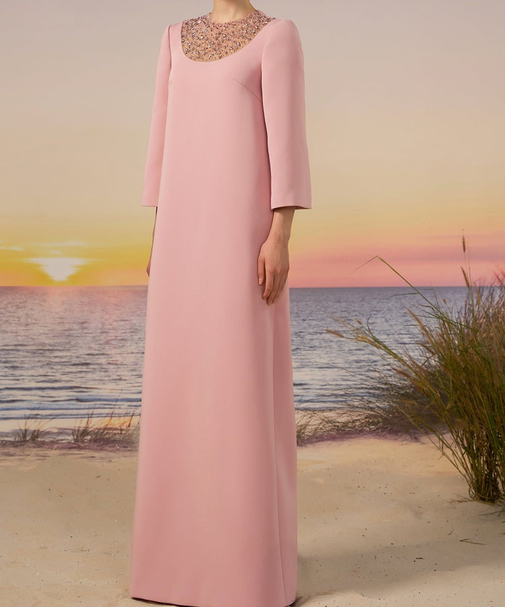 Dusty Pink Three Quarter Sleeve Beaded Mesh Neck Straight Maxi Evening Gown