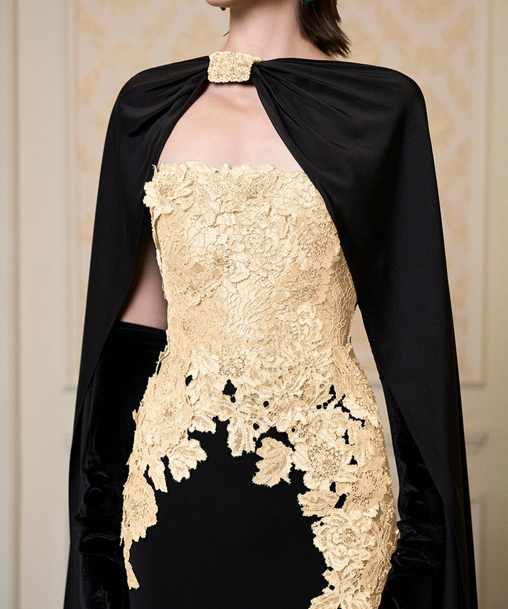 Black Strapless Mermaid Evening Gown With Champagne Lace Appliqué And Detachable Cape