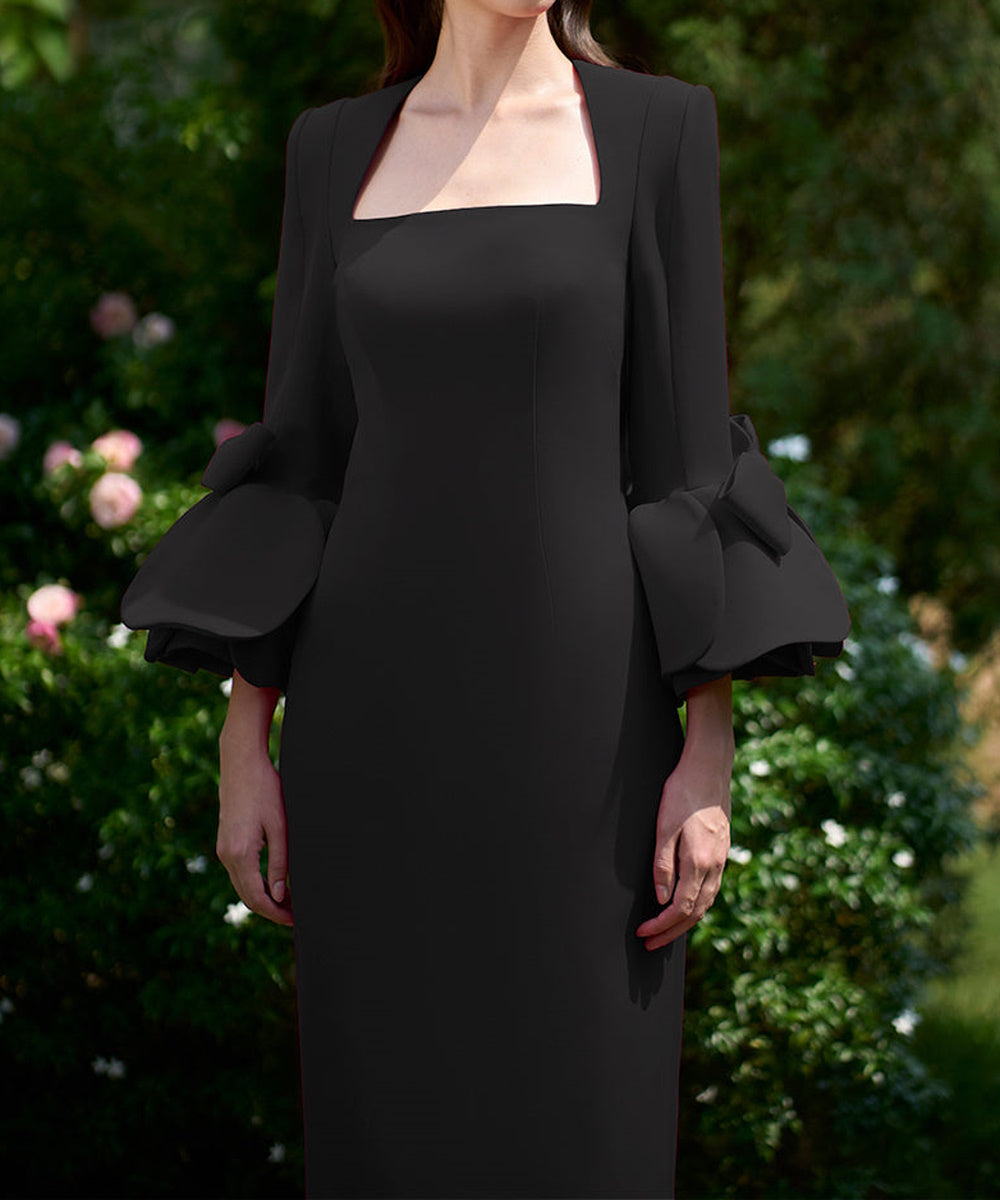 Black Square Neck Maxi Formal Gown With Statement Bow Bell Sleeves