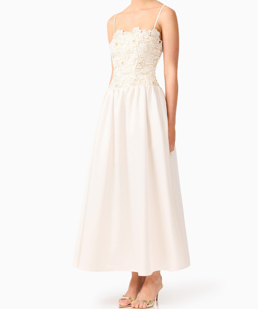 Strapless Floral Lace Beaded Midi Wedding Guest Dress With Removable Spaghetti Straps