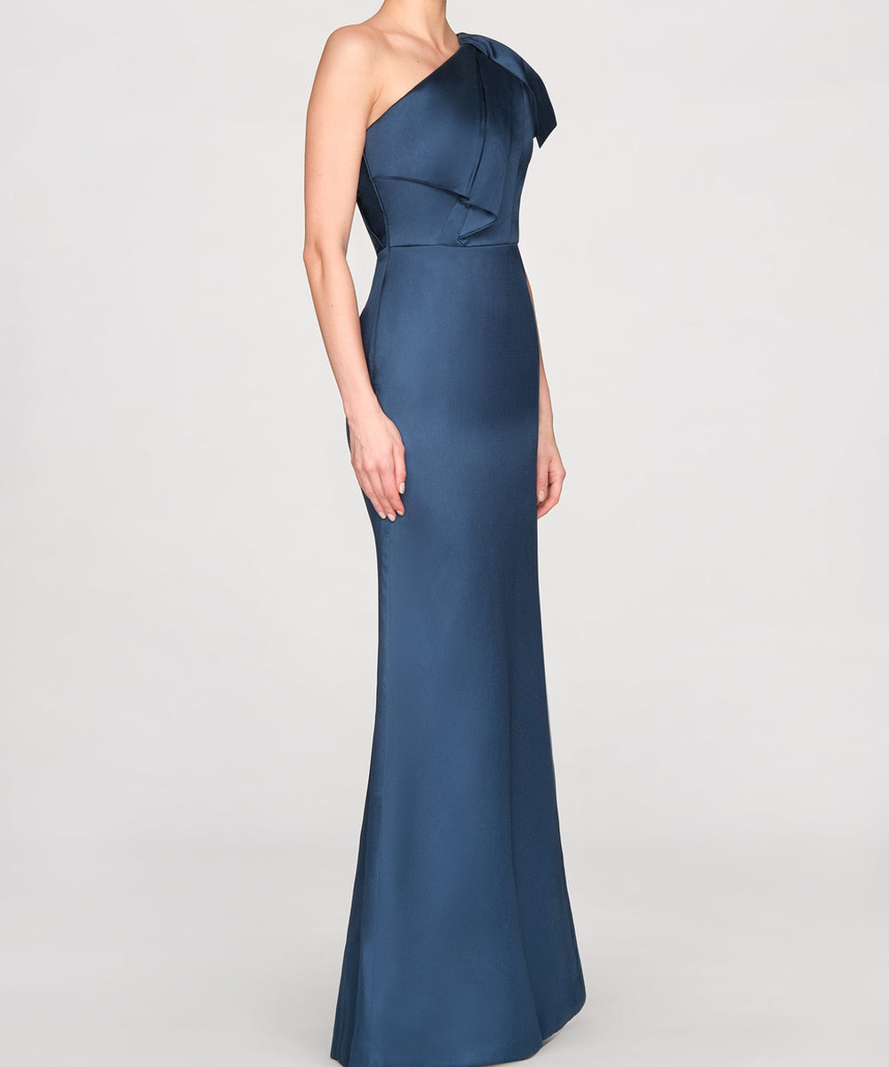 One Shoulder Bow Satin Mermaid Long Evening Gown