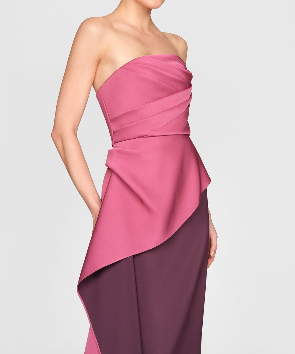 Strapless Two-Tone Satin Draped Midi Formal Gown
