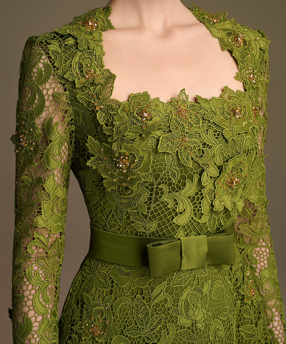 Olive Green Square Neck Long Sleeve Lace A-Line Evening Gown With Satin Belt