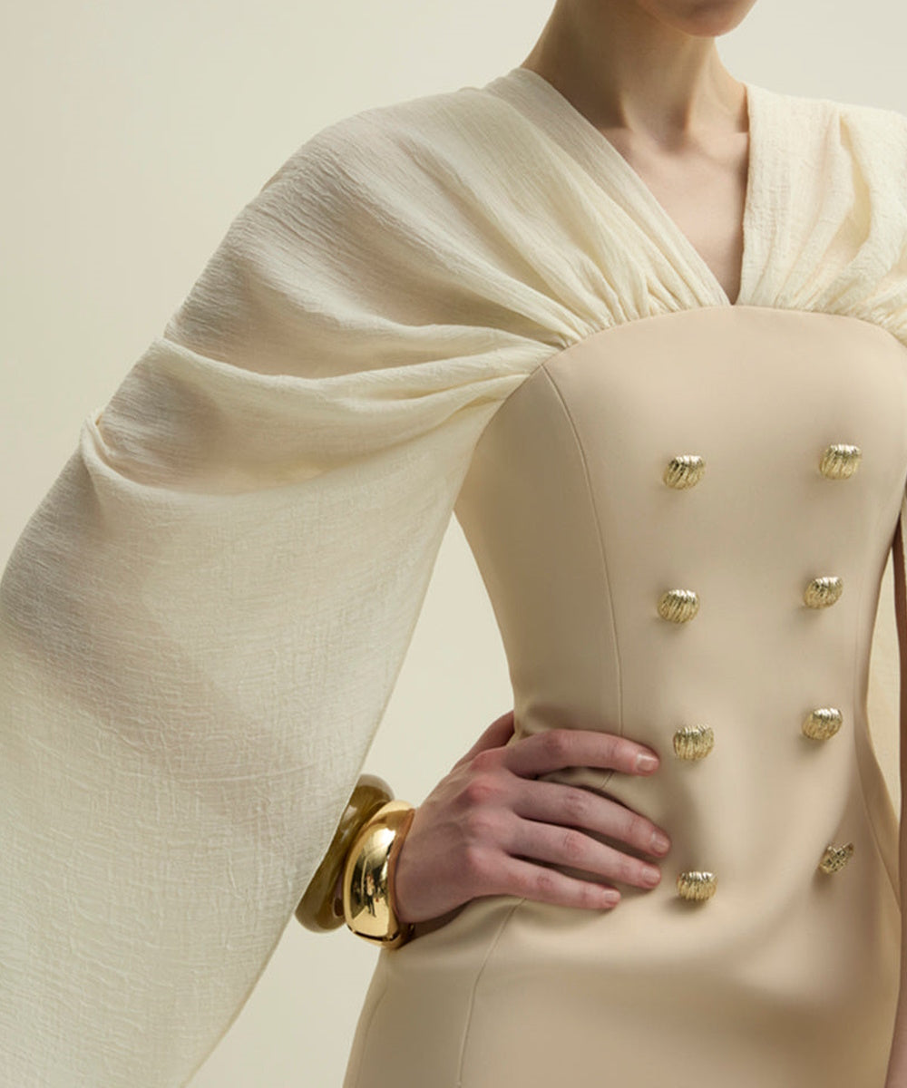 Cream Cape Sleeve Column Maxi Formal Gown With Decorative Gold Buttons