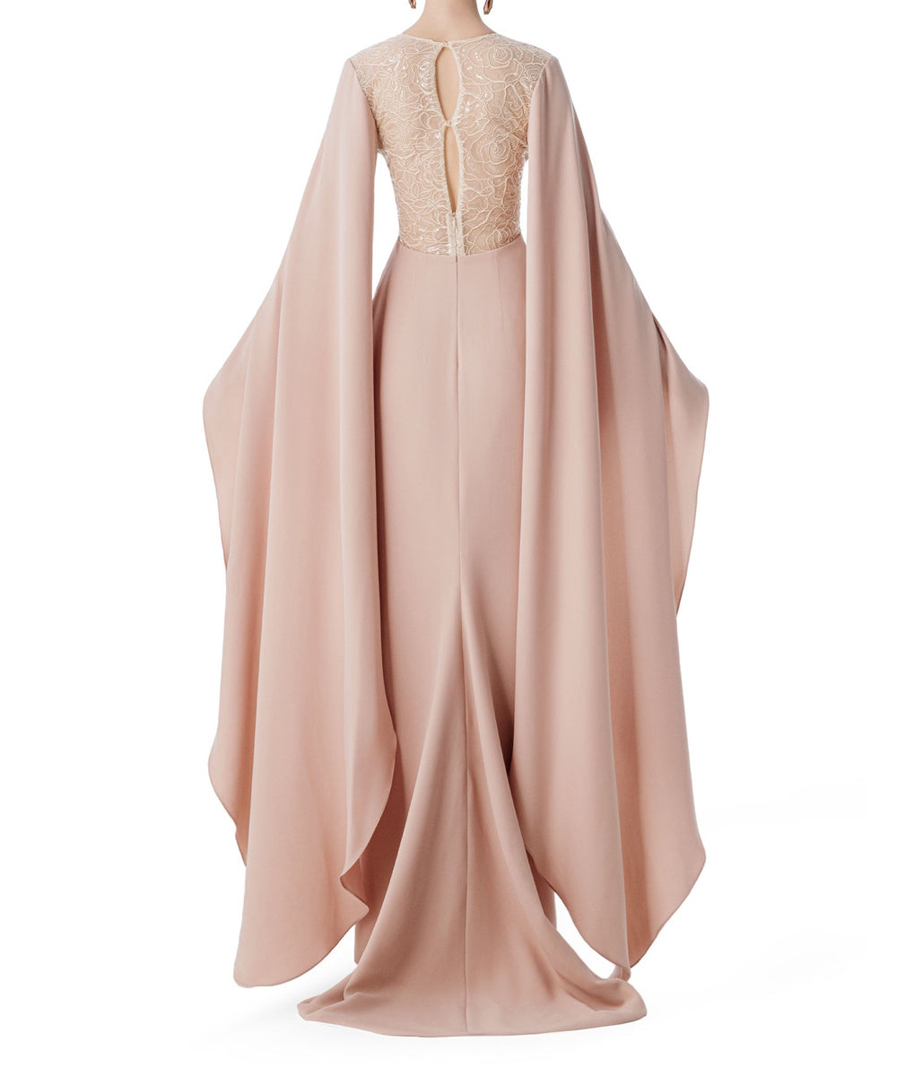 Dusty Pink V-Neck Cape Sleeve Lace Back Formal Maxi Gown
