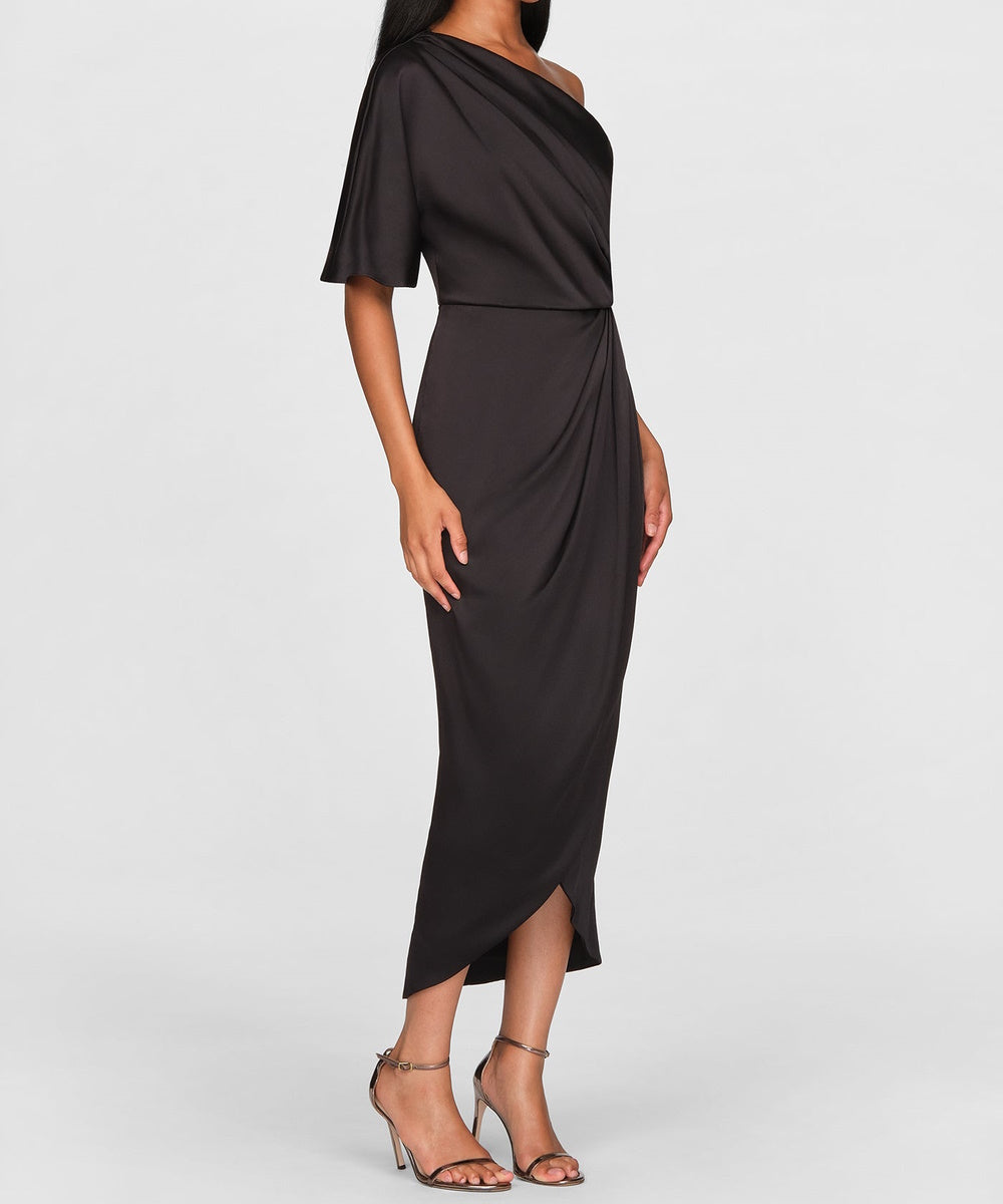 One Shoulder Draped Satin Midi Formal Dress