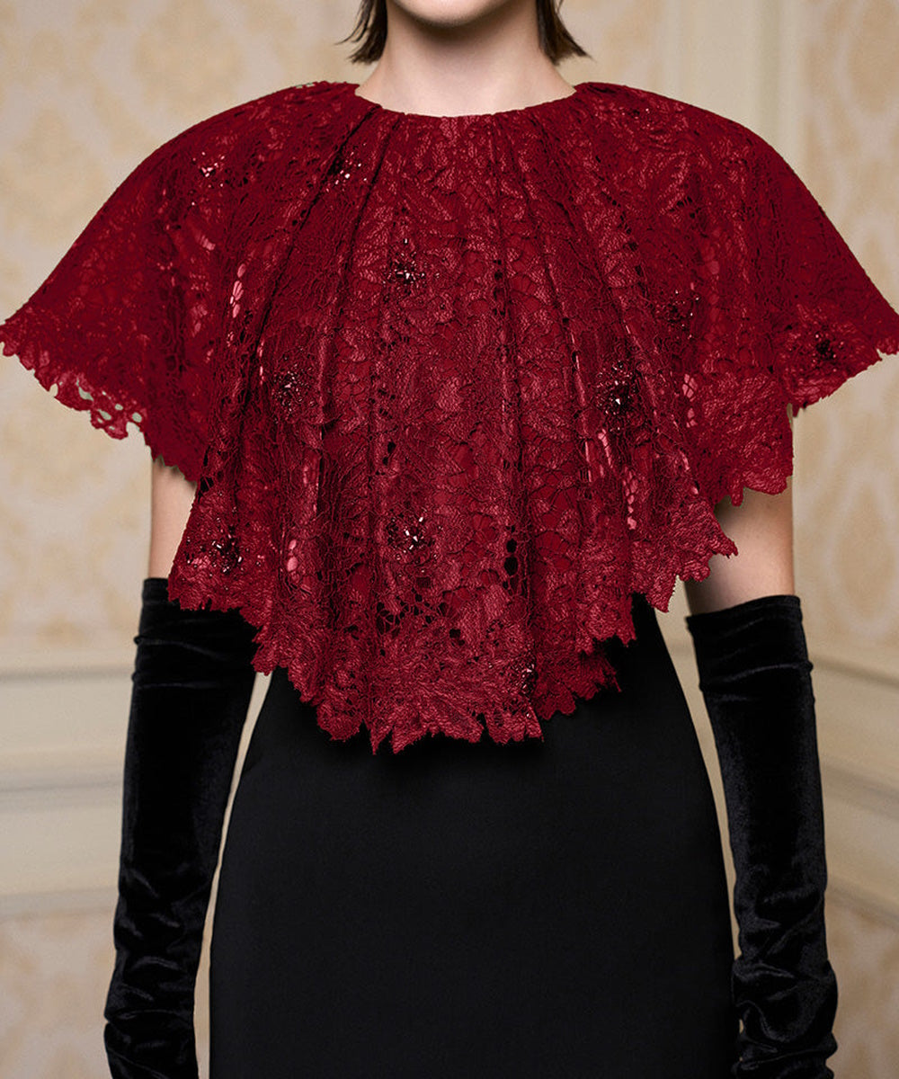 Black Fitted Maxi Evening Dress With Burgundy Beaded Lace Capelet