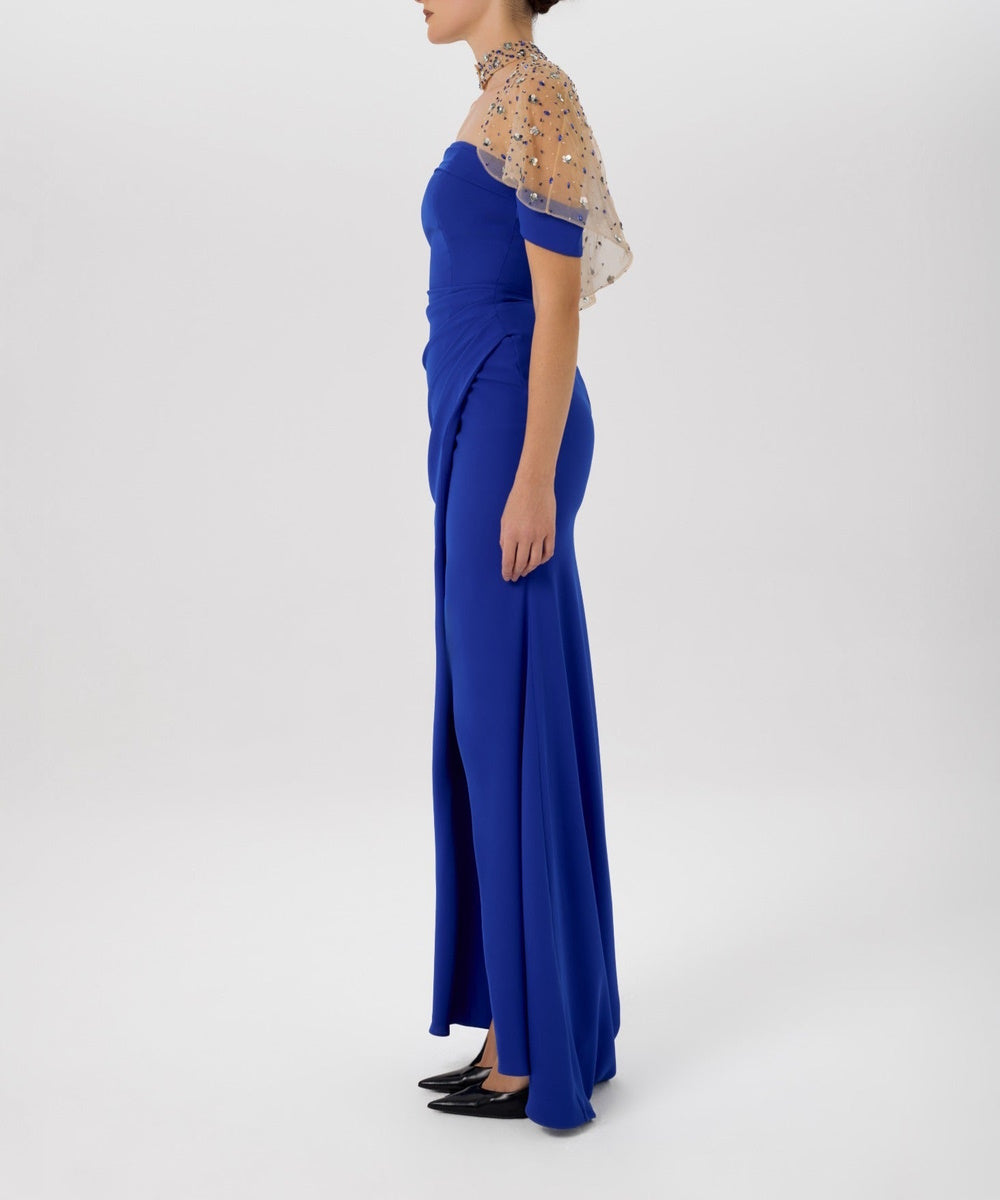 Strapless Royal Blue Slit Formal Gown With Detachable Beaded Tulle Cape