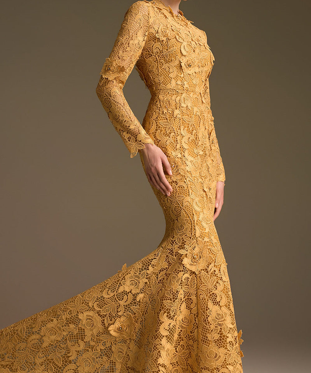 Golden Lace High Neck Long Sleeve Mermaid Formal Evening Gown