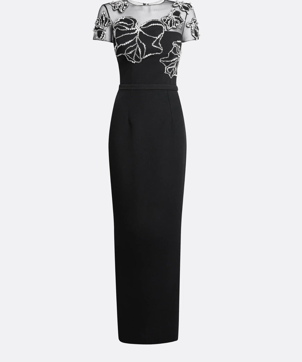 Black Mesh Bow Crystal Beaded Short Sleeve Slit Column Evening Gown
