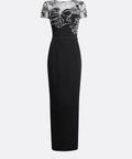 Black Mesh Bow Crystal Beaded Short Sleeve Slit Column Evening Gown