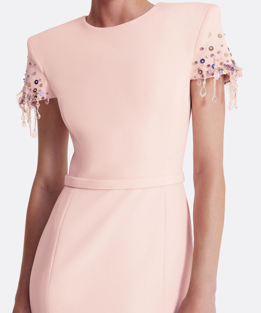 Blush Pink Crystal Tassel Short Sleeve Mermaid Train Evening Gown