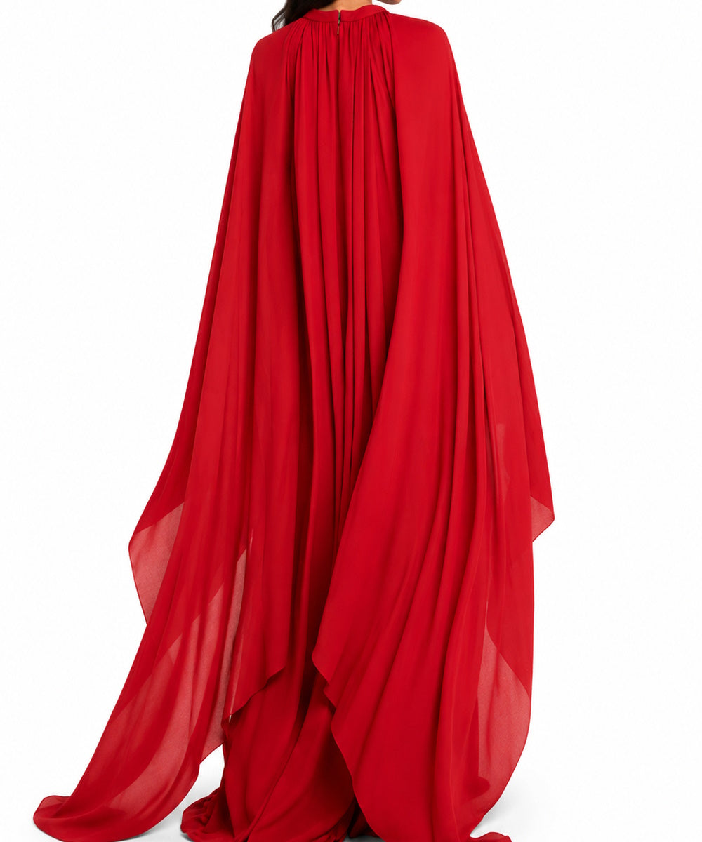 High Neck Flowy Chiffon Cape Sleeve Loose Maxi Evening Gown
