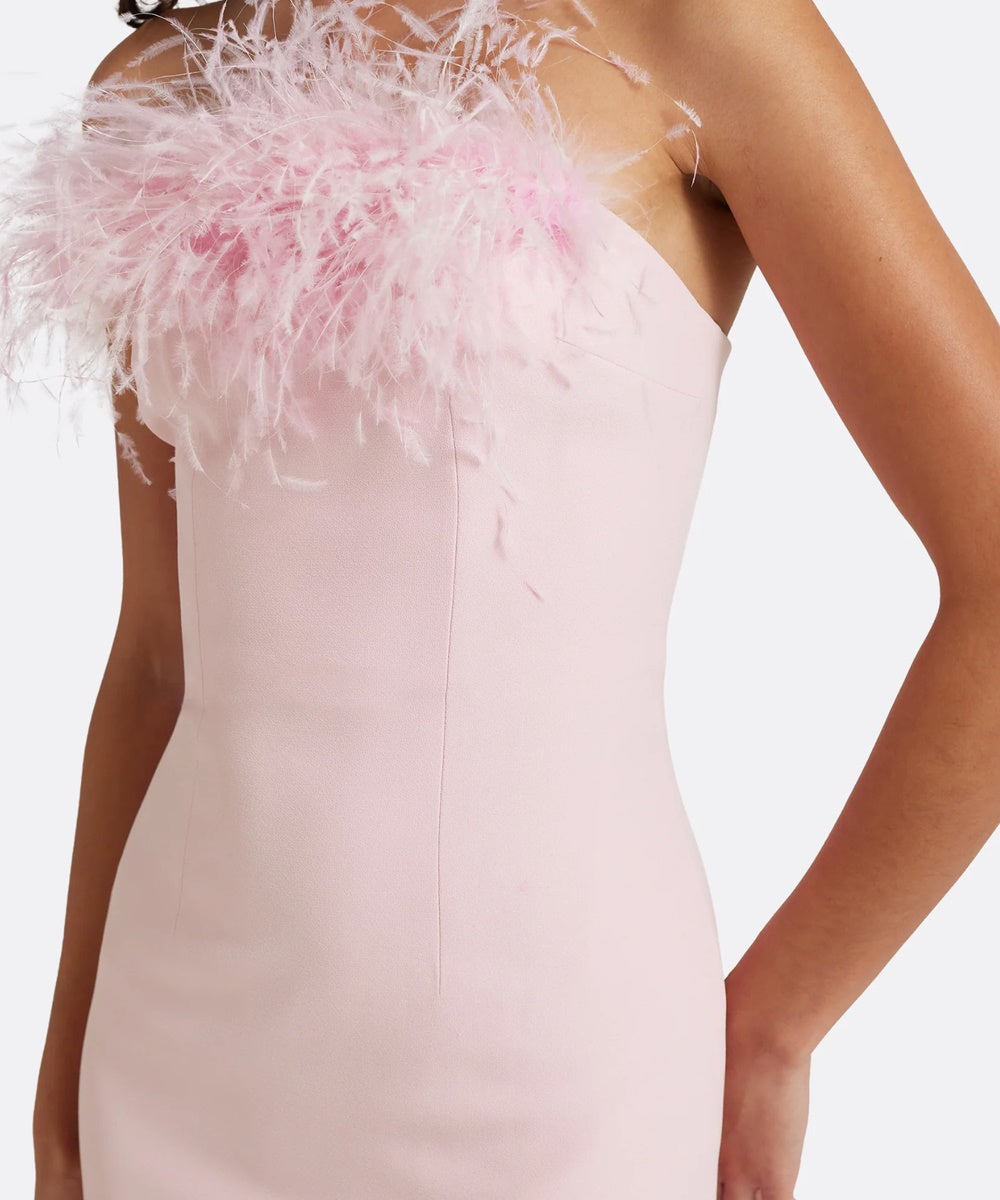 Blush Pink Strapless Feather Bust Mermaid Maxi Evening Gown