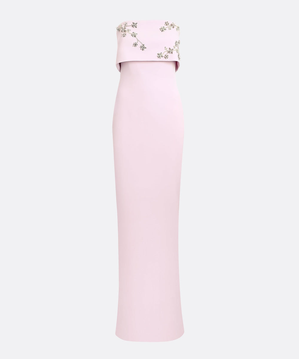 Blush Pink Strapless Ruffle Floral Pearl Crystal Slit Column Gown