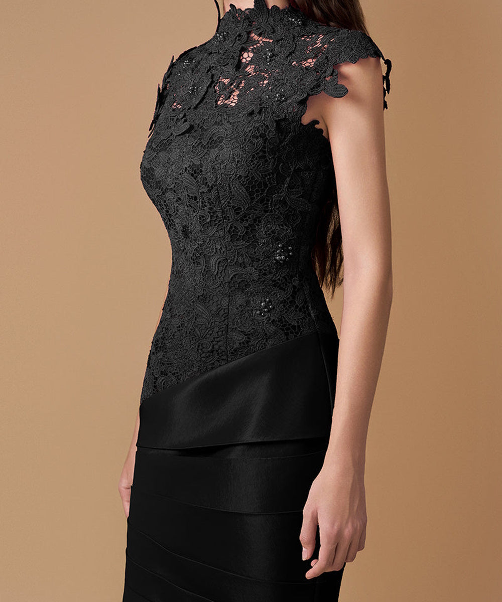 High Neck Lace Cap Sleeve Mermaid Satin Evening Gown