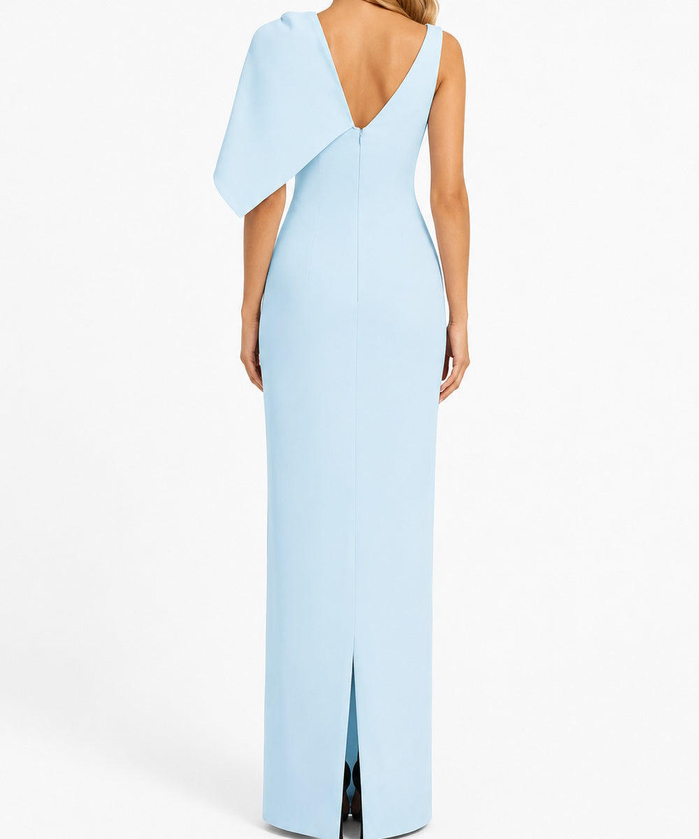 Light Blue Asymmetric Draped Cape Shoulder Column Maxi Gown