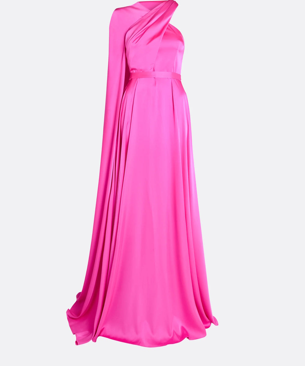 Hot Pink Asymmetric One Shoulder Cape Sleeve Satin A-Line Maxi Evening Gown With Waist Belt