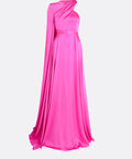 Hot Pink Asymmetric One Shoulder Cape Sleeve Satin A-Line Maxi Evening Gown With Waist Belt