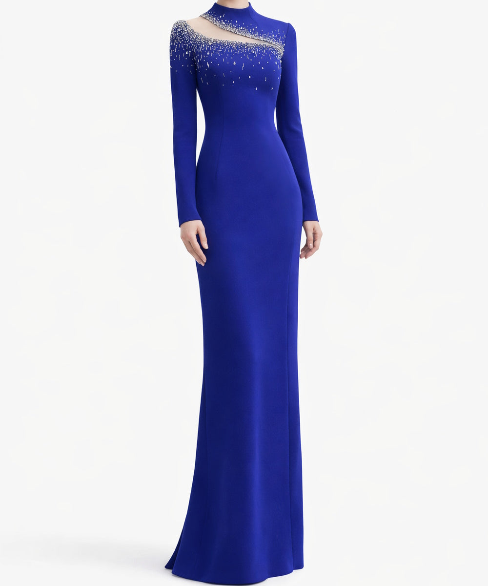 Royal Blue Cutout Neck Rhinestone Long Sleeve Mermaid Maxi Evening Gown
