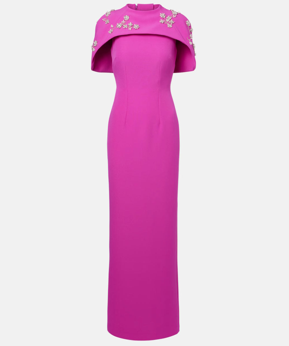 Off Shoulder Crystal Flower Embellished Crepe Formal Maxi Dress