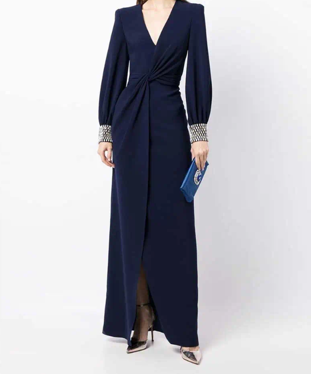 Navy Deep V Twist Waist Beaded Cuff Long Sleeve Maxi Evening Gown