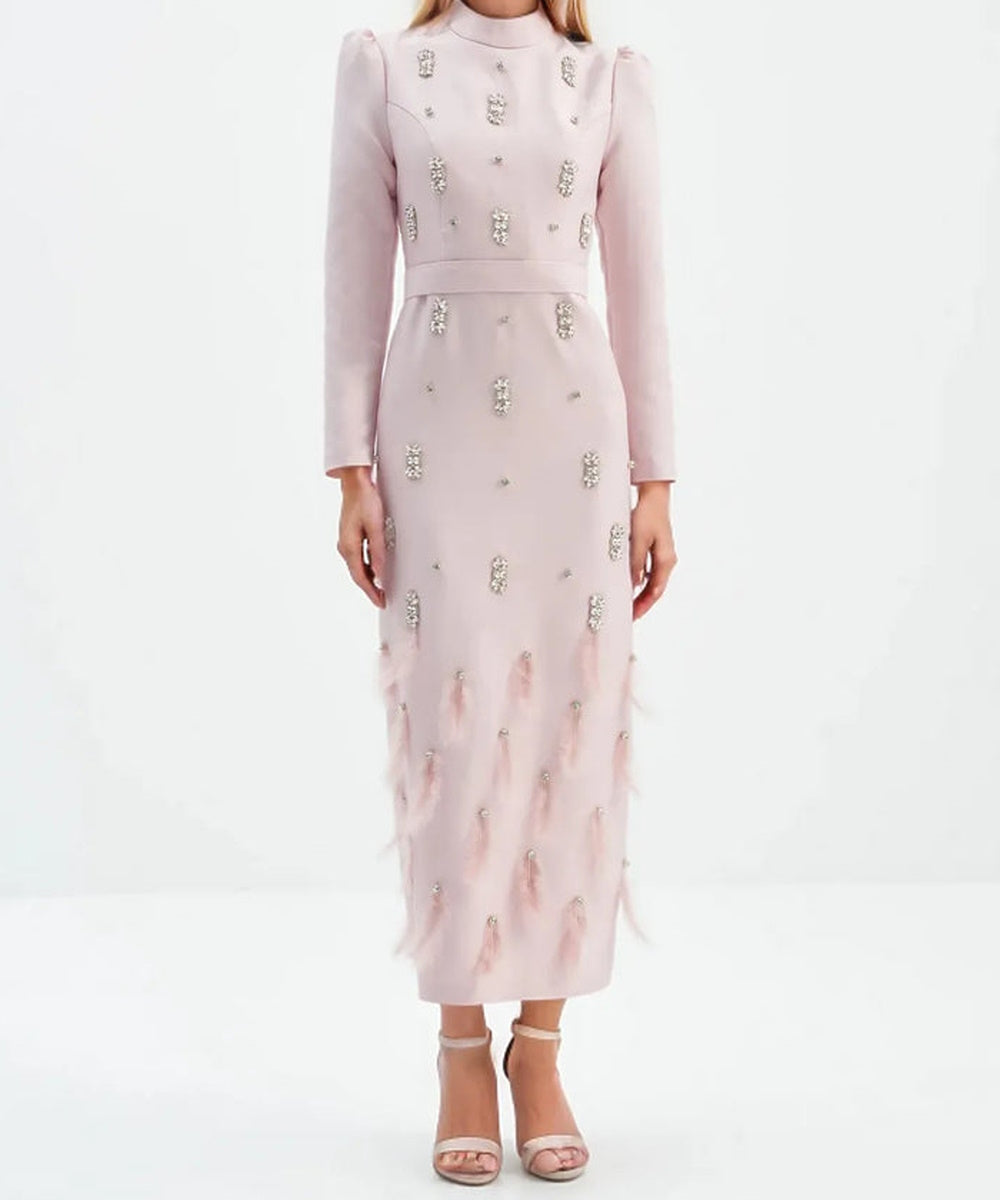 High Neck Puff Sleeve Rhinestone Feather Midi Formal Dress With Belt