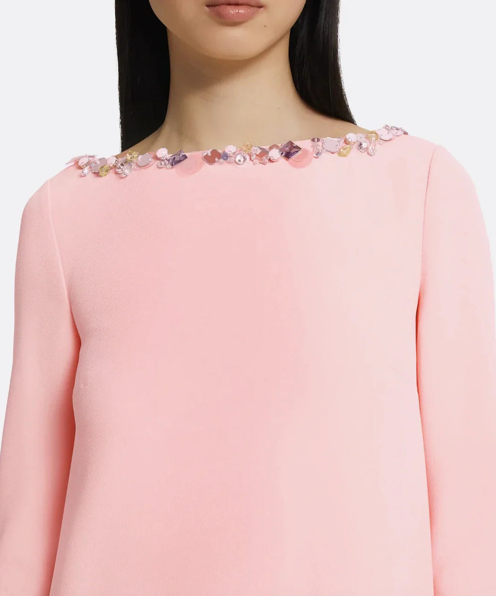 Blush Pink Multi-Colored Crystal Embellished Boat Neck Loose Straight Long Sleeve Maxi Gown
