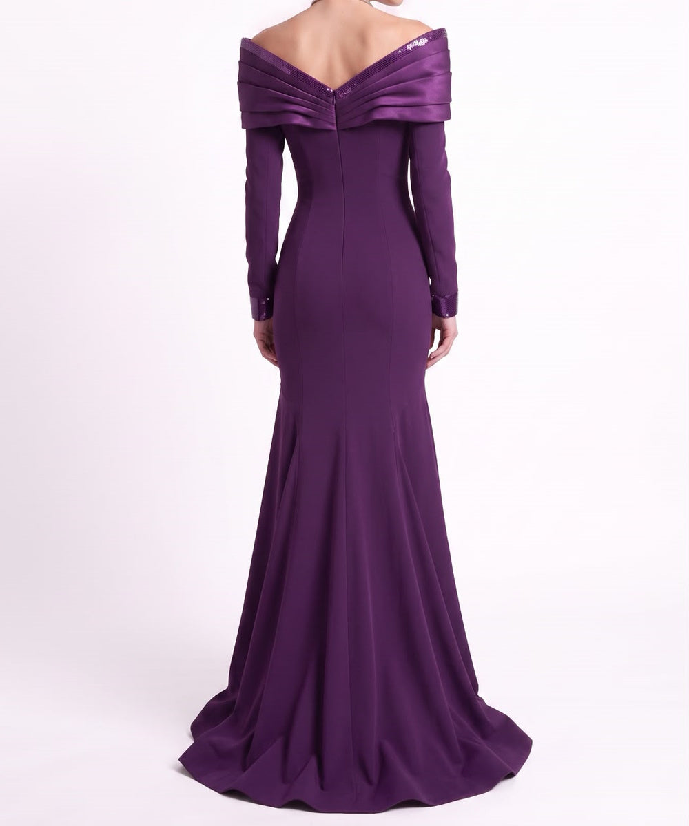 Purple Off Shoulder Long Sleeve Sequin Mermaid Formal Evening Gown