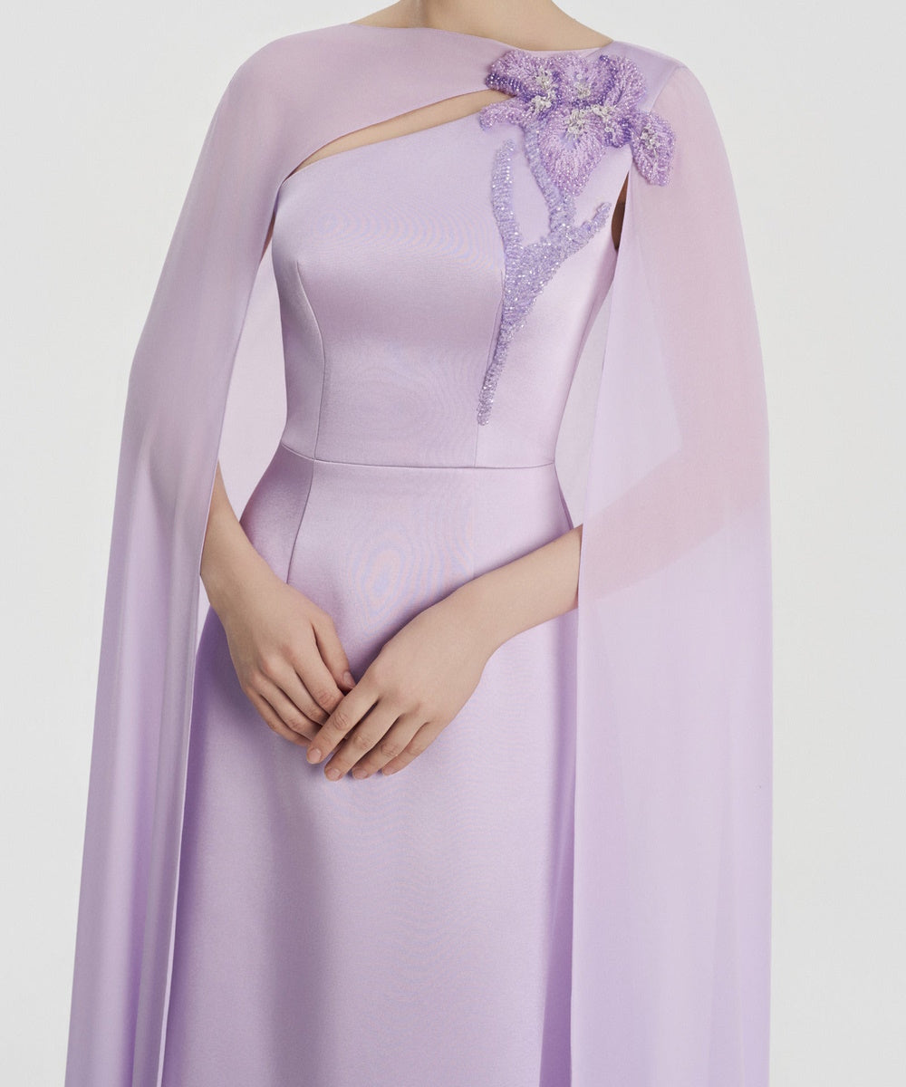 Lilac Cape Sleeve Beaded Floral Cutout Formal Evening Gown