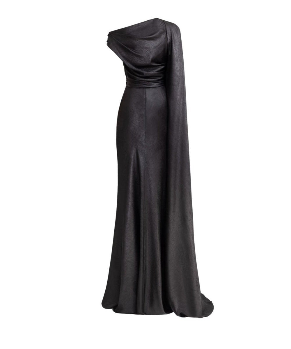Black Metallic Satin Asymmetric Off Shoulder Mermaid Gown with Cape Drape