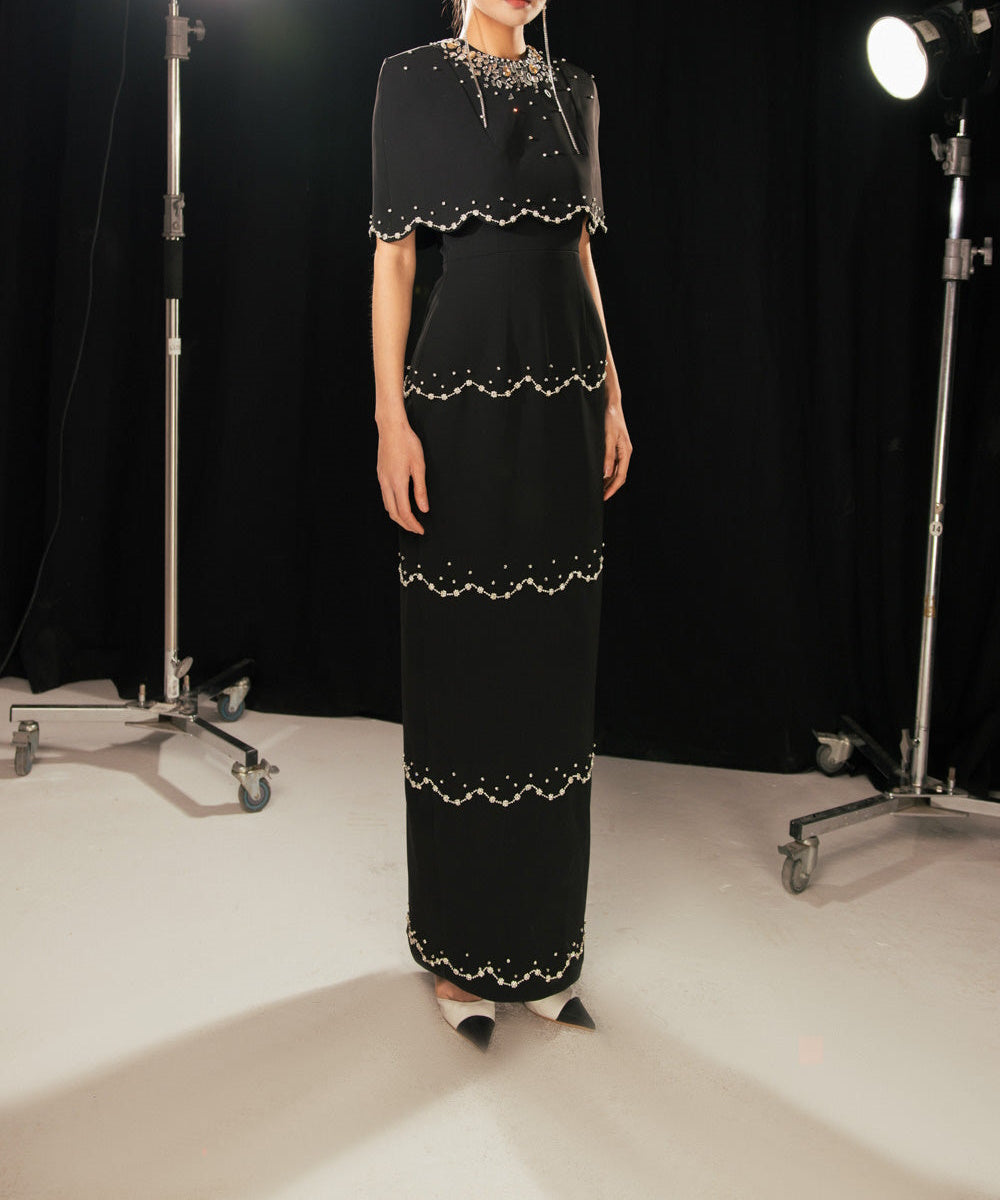 Black Cape Sleeve Beaded Column Maxi Evening Gown
