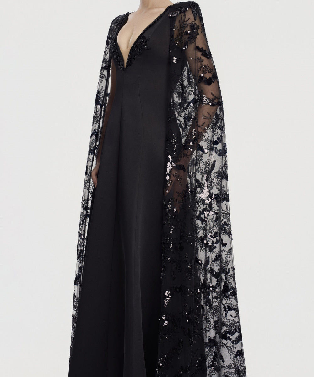 Black Deep V Lace Cape Sleeve A-Line Formal Evening Gown