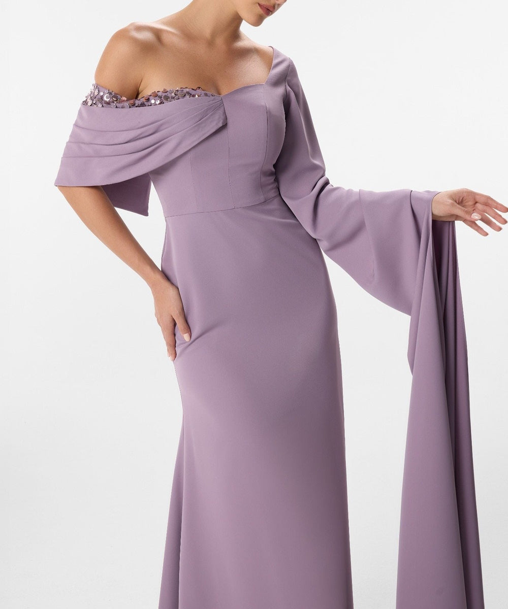 Dusty Lavender Asymmetric Off Shoulder Sequin Trim Flared Sleeve Mermaid Evening Gown