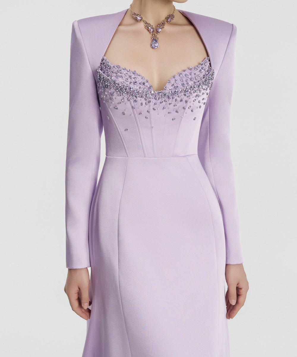 Lavender Long Sleeve Corset Beaded A-Line Formal Evening Gown