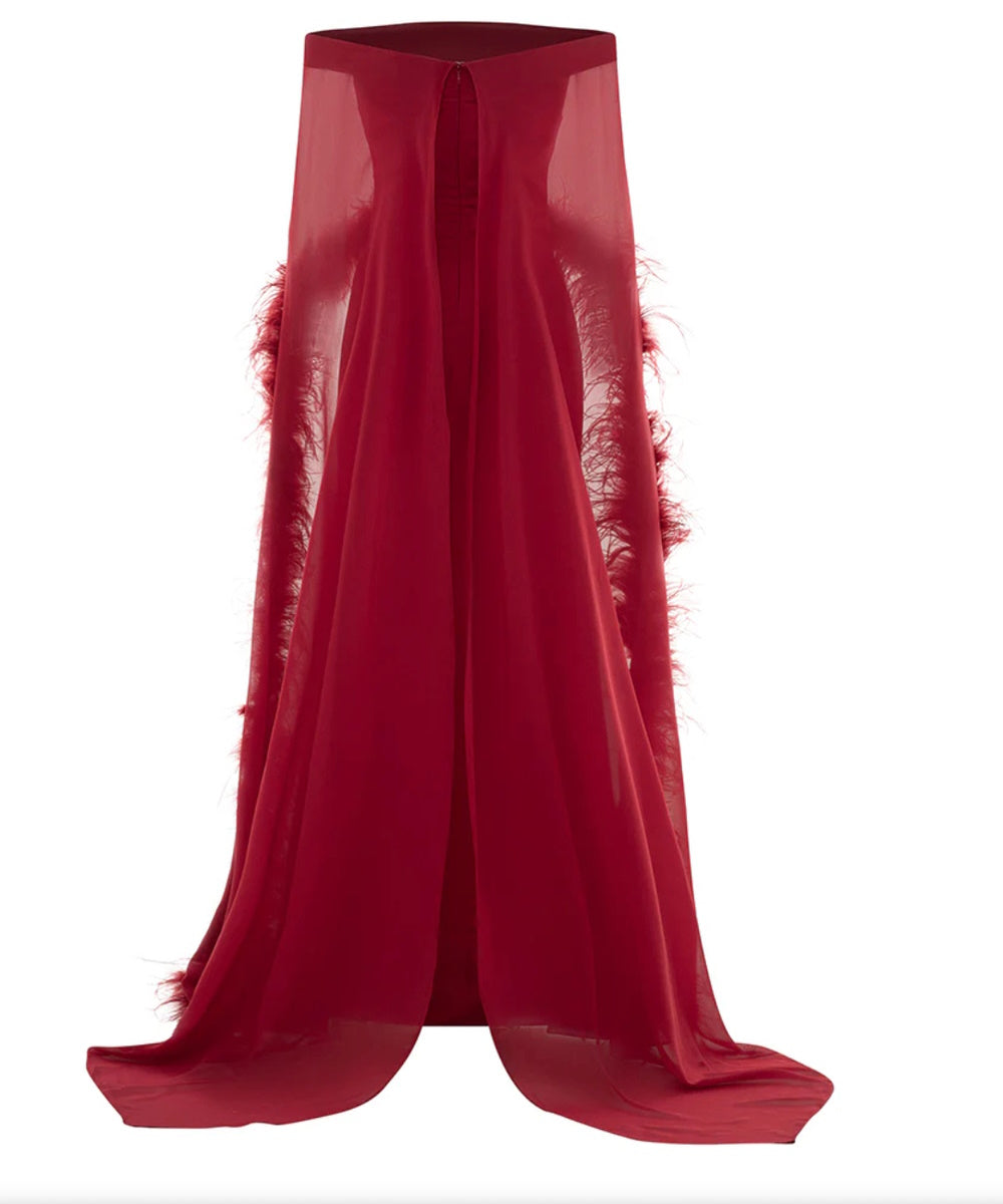 Burgundy Off Shoulder Mermaid Gown With Feather Trim Cape