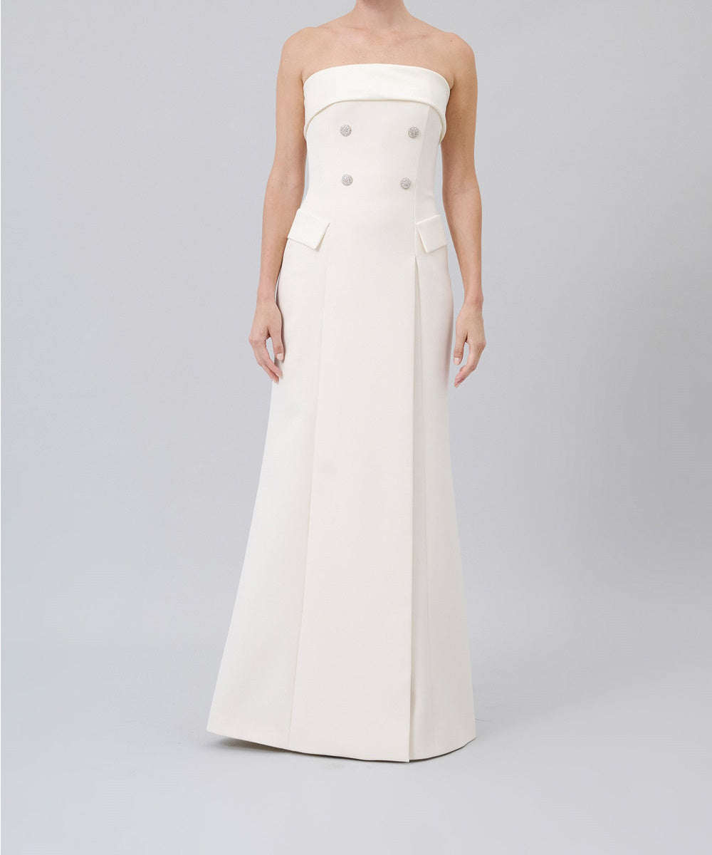 White Strapless Double Breasted Crepe Evening Gown With Crystal Buttons