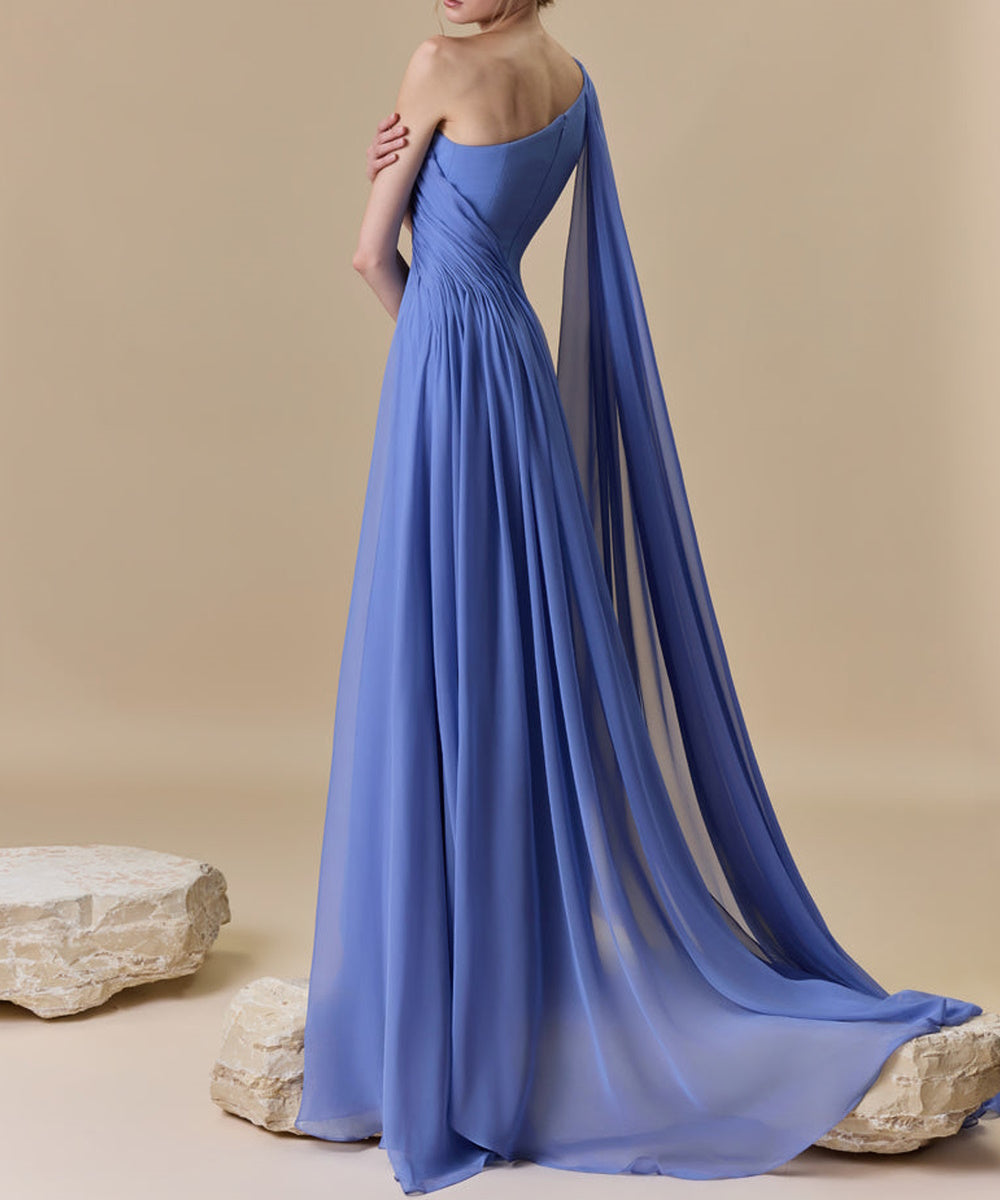 One Shoulder Draped Chiffon A-Line Evening Gown