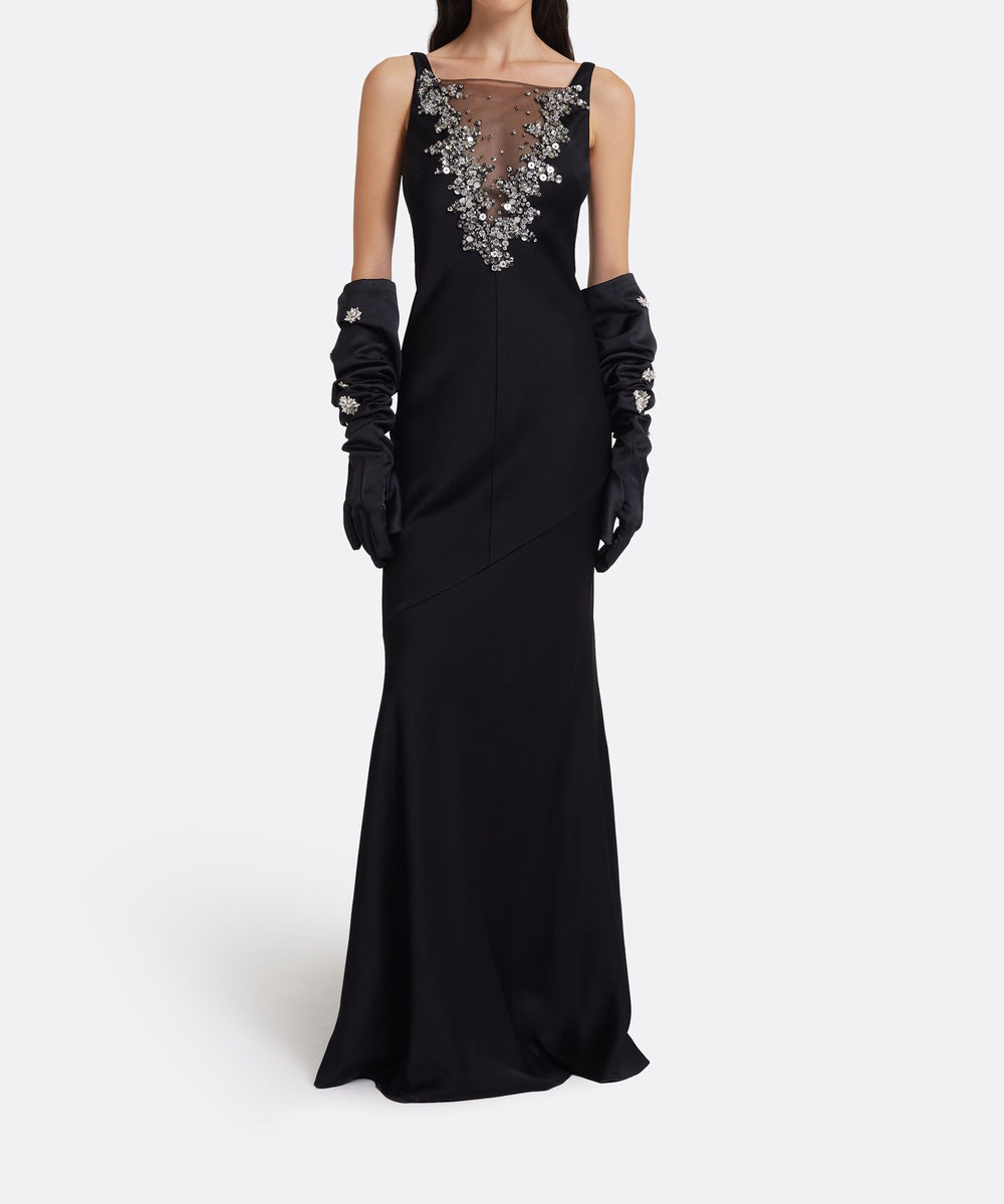 Black Sleeveless Beaded Mesh Illusion Mermaid Satin Evening Gown