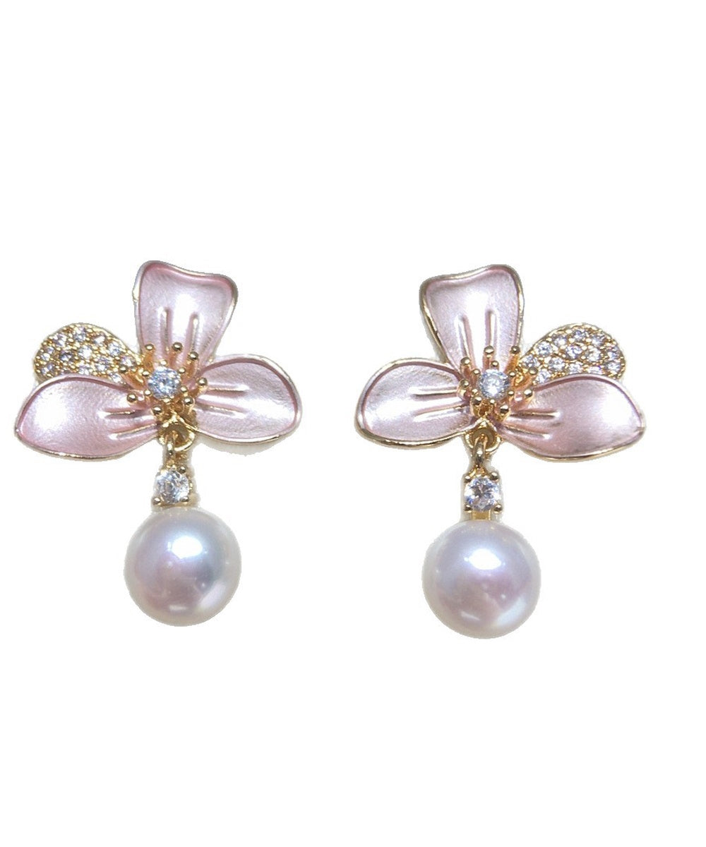 Soft Pink Enamel Flower Crystal Pearl Drop Dangle Stud Earrings