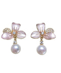 Soft Pink Enamel Flower Crystal Pearl Drop Dangle Stud Earrings