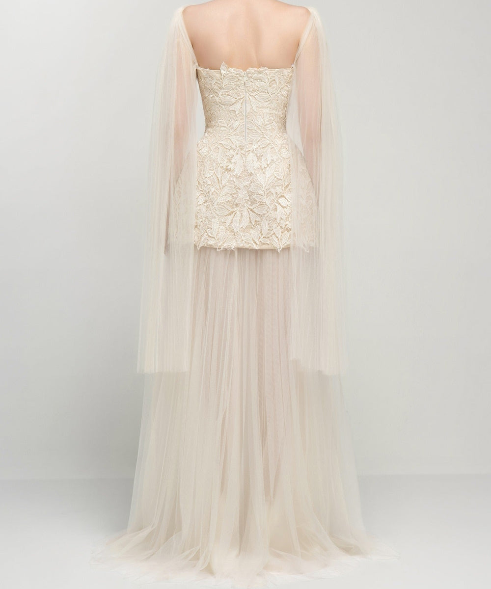 Strapless Leaf Lace Bodice Flowy Tulle Wedding Dress with Draped Shoulder Tulle Cape