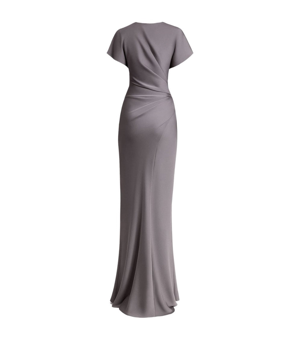 Grey Satin Cap‑Sleeve Draped Mermaid Formal Maxi Evening Gown