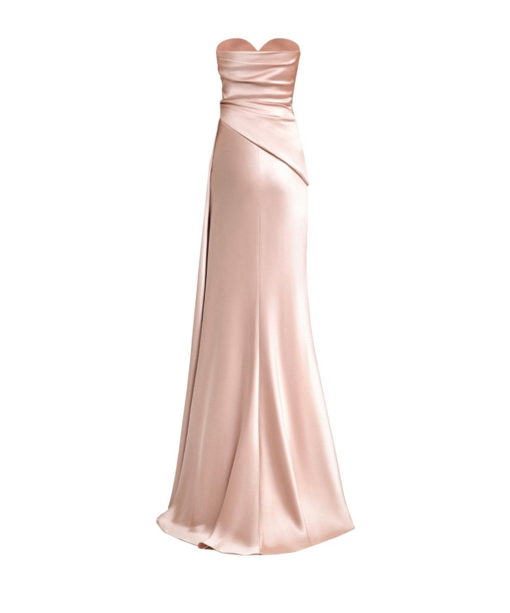 Dusty Pink Strapless Draped Satin Mermaid Evening Maxi Gown