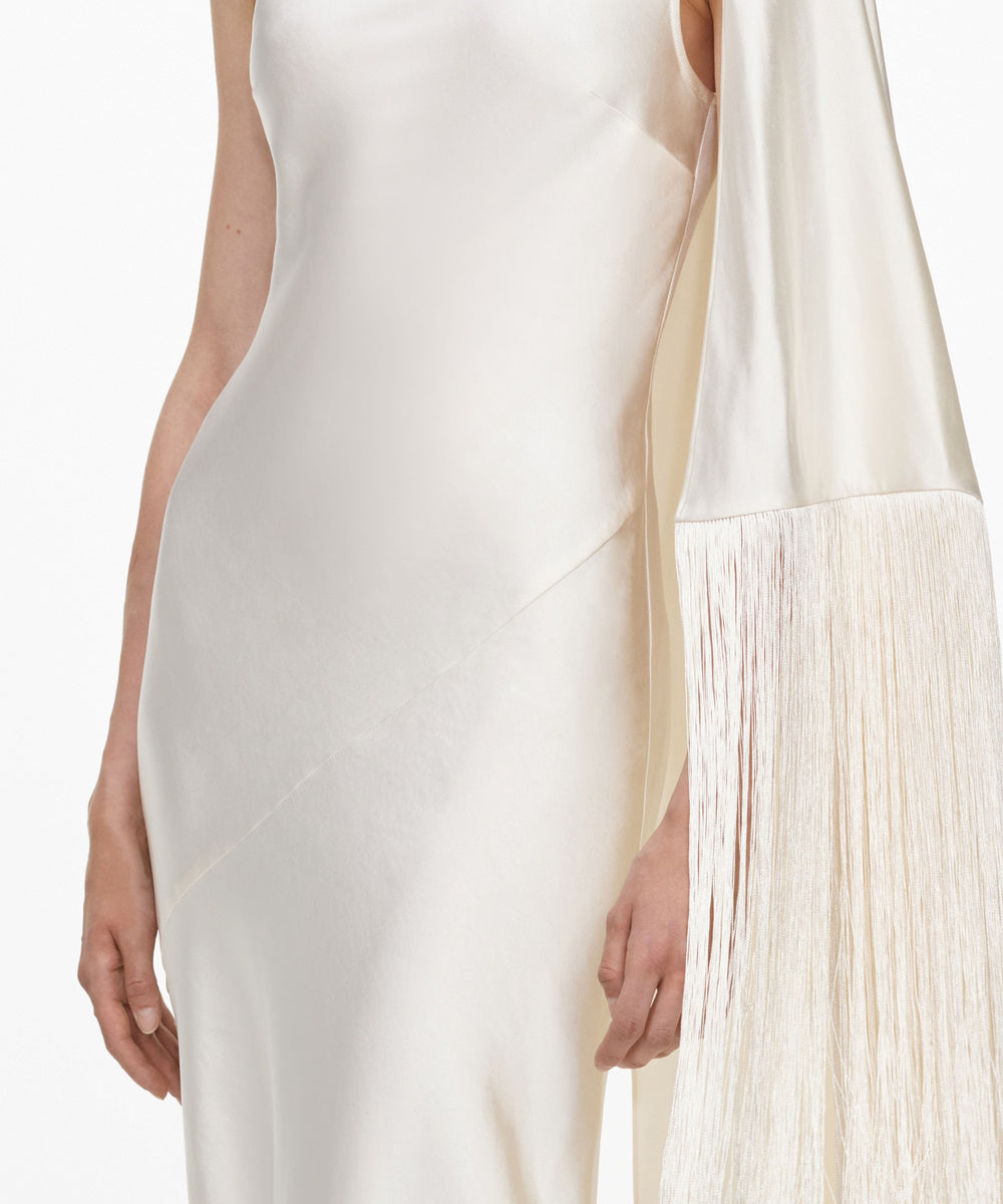 Ivory Satin High Neck Mermaid Gown with Fringe Cape Sleeve