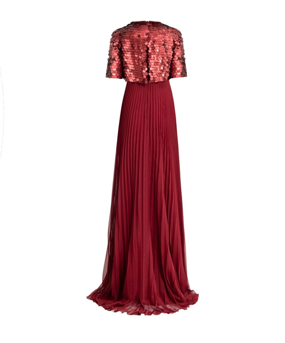 Burgundy Halter Pleated Chiffon Maxi Gown with Large Sequined Short Sleeve Cape