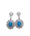 Vintage Oval Turquoise Halo Crystal Pearl Drop Dangle Earrings