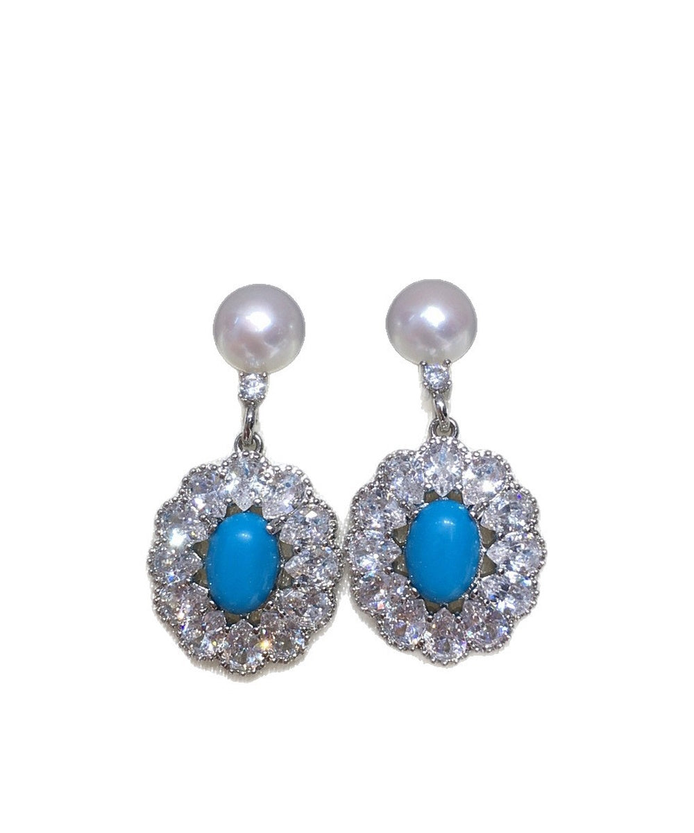 Vintage Oval Turquoise Halo Crystal Pearl Drop Dangle Earrings