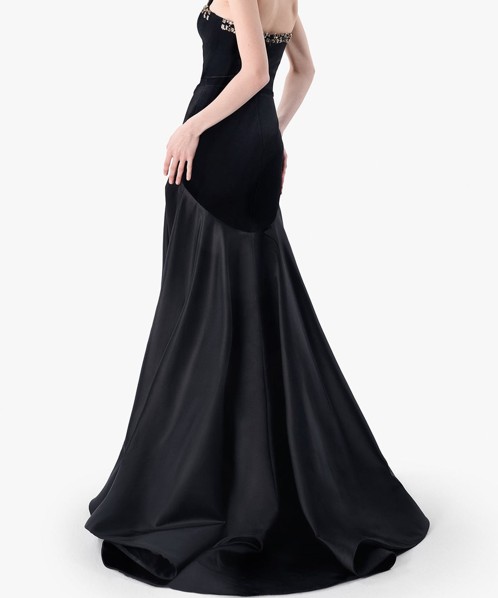 Black Strapless Beaded Velvet & Satin Ball Gown