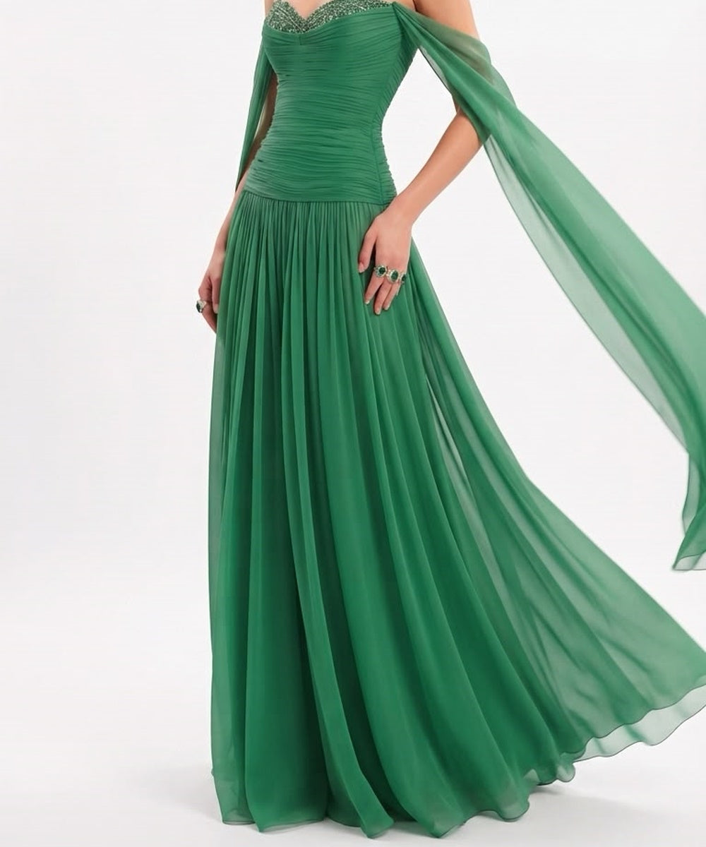 Green Off Shoulder Chiffon Evening Gown with Beaded Sweetheart Neck & Flowing Cape Sleeves